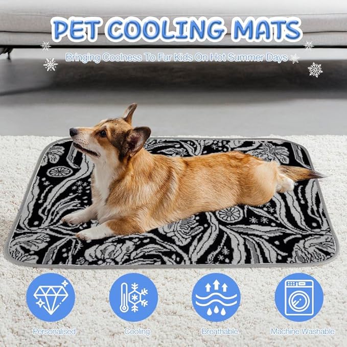 Pet Cooling Mat Ice Silk Cooling Dog Mat for Crate Intricate Botanical Dog Beds& Furniture Washable Large Pad 28" X22" Pet Mats for Floor Blanket Crate, Bed, Indoor& Outdoor Floor, Car Seats