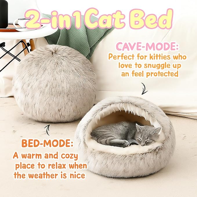 Nest Bed - Lapcatz Cat Beds for Indoor Cats, Fluffy Cat Bed Cave Plush Warm Nest for Cats (Salmon,S 16"x16")