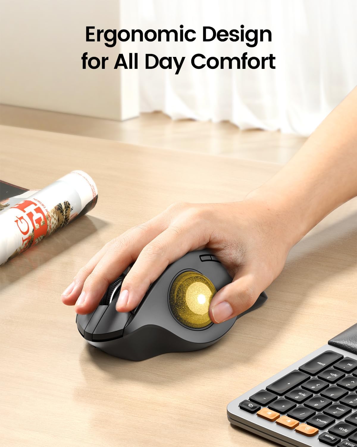 ProtoArc EM01 NL Wireless Trackball Mouse, Rechargeable Thumb Control, Gold