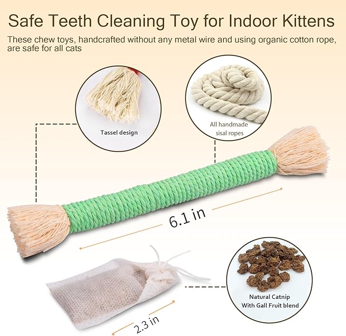 Retro Shaw 6Pcs Kitten Toys, Cat Toys Chew Ropes with Refillable Natural Catnip, Safe Teething Cleaning Kitty Toys for Indoor Cats, Christmas Interactive Pet Nip Kicker Toy