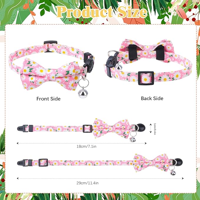 4 Pcs Breakaway Cat Collar with Bow Tie and Bell Floral Cat Kitten Collar with Removable Bowtie Adjustable Safety Collars for Girl Cats