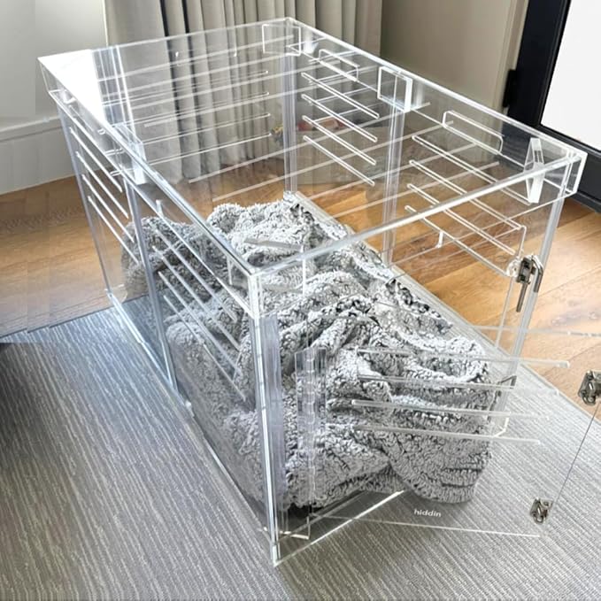 Clear Acrylic Medium Dog Crate Furniture with Linen Cushion for Medium Dogs up to 40 lbs, 3 in 1 Pet Crate and Gate, Modern Furniture Style Indoor Kennel, Dual Silver Latch, 20 x 30 x 22 in