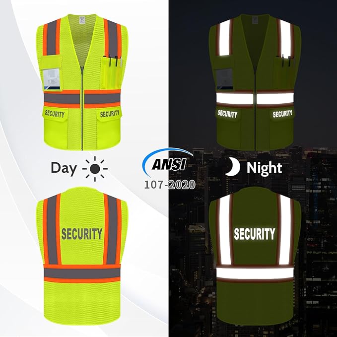 Security Vest for Men Women, Safety Vest with Pockets & Zipper, Neon Safety Work Wear with Reflective Strip, ANSI Compliant, Yellow, 3XL