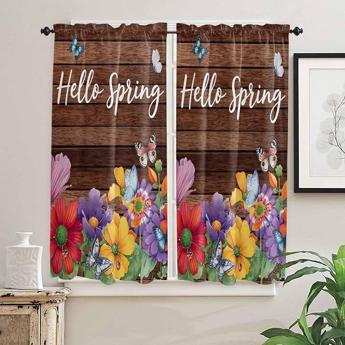 Spring Flowers Bedroom Curtains 63 Inches length, Watercolor Farmhouse Colorful