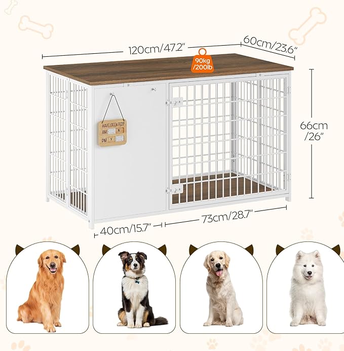 Foldable Dog Crate Furniture, 47.2" Dog Crate with DIY Frame, Heavy Duty Dog Kennel Indoor with Hooks, Wooden Dog Cage End Table, for Small/Medium/Large Dogs, White DC120WH