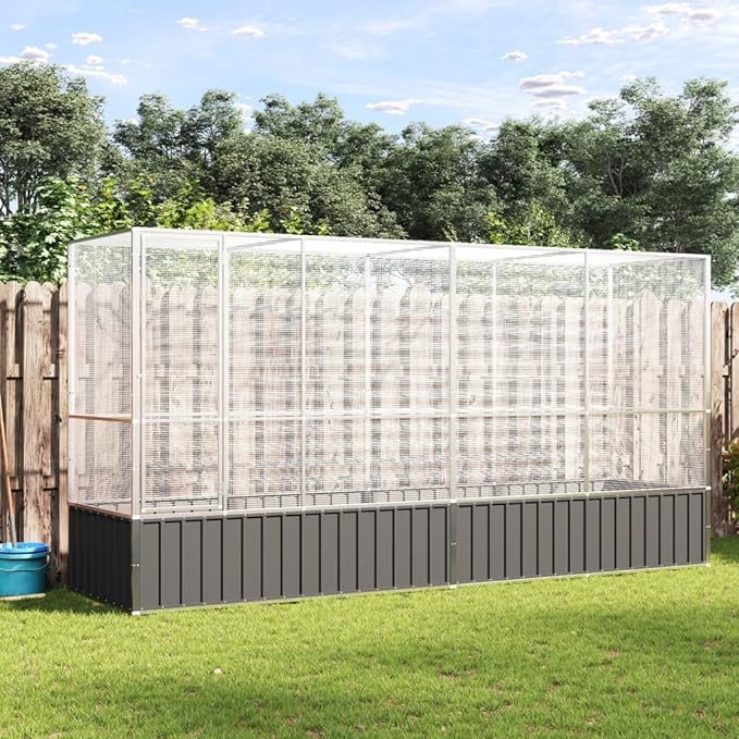 Large Metal Heavy Duty Walk-in Aviary Cage with Extension, Ample Activity Space Bird Cage with Lockable Door Also for Chickens and Rabbits, Silver 164.8"x42.1"x83.5" Steel,-514