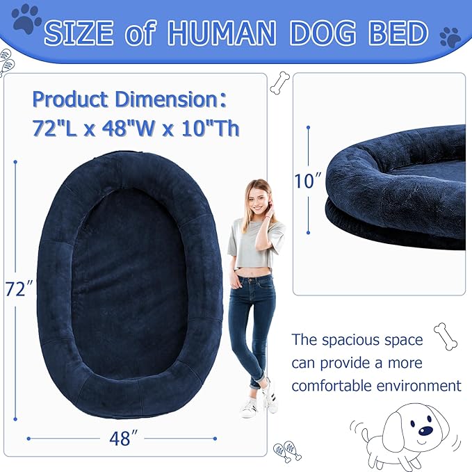 Human Dog Bed - 72"x48"x10" Large Gaint Shared Bed for Adult - Flufelbed Standard Cloud Bed for Humans and Dogs - Nap Bed Bean Bag Bed Faux Fur Fluffy Orthopedic Pet Bed Large Navy