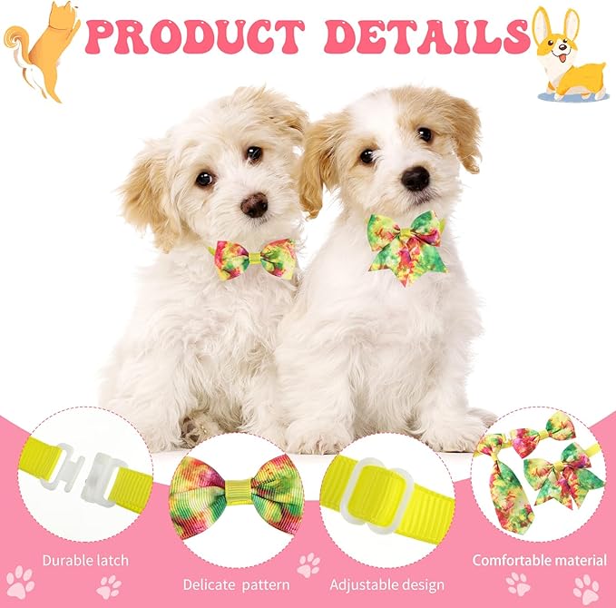 Reginary 100 Pieces Dog Bow Tie Collar Set Include 40 Dog Neckties, and 30 Puppy Bowties, 30 Collar Flowers, Adjustable Pet Ties Grooming for Small Medium Cats Pets Supply(Tie-dye)