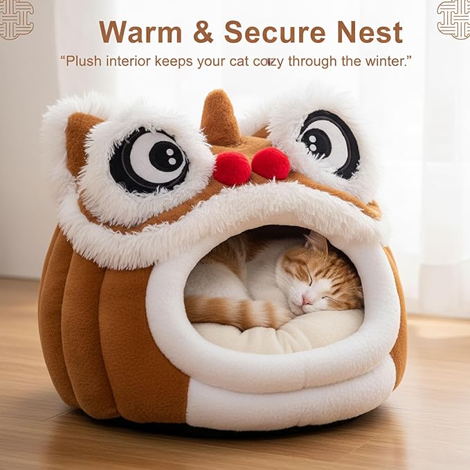 Cute Lion Head Pet Beds for Cats, Chinese Lion Dance Lion Cats Bed, Soft Cozy Plush Cat House & Dog Cave with Cushion for Small Medium Cats Dogs (Coffee,M)