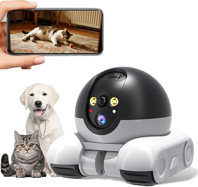 Vikye Robot Camera On Wheels,2MP Double Lens Moving Pet Camera,2 Way Talk 1080P WiFi Small Robot Cam for Cats Dogs