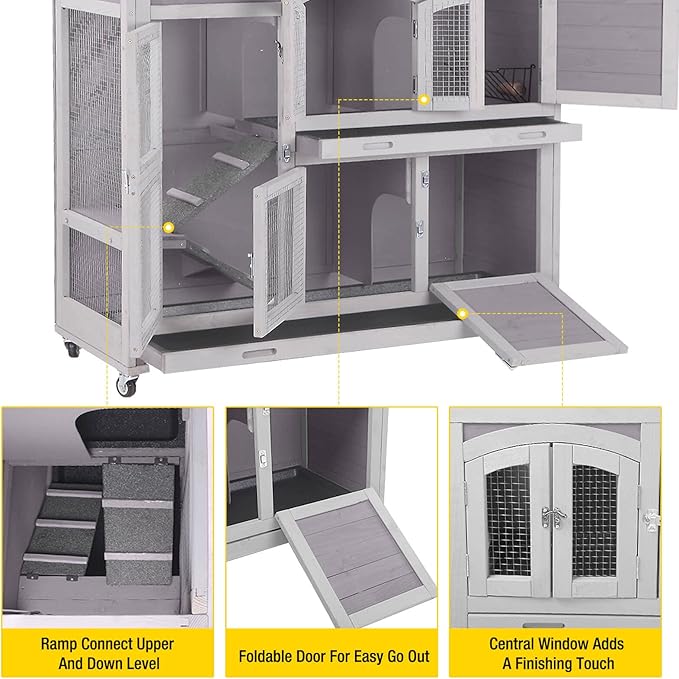 Aivituvin Bunny Cage Rabbit Hutch Indoor Rabbit House with Wheels Outdoor Guinea Pig House with Two Plastic Tray