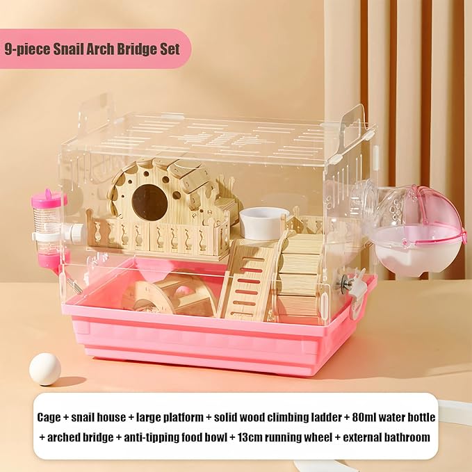 Acrylic Hamster Cage,Small Animal Houses&Habitats with Accessories,Hamster Enclosure with Stairs,Clear Pet Mice House,for Dwarf Gerbil,Dwarf Hamster,Pet Mice(Pink,13.78" L*10.23" W*10.83" H)