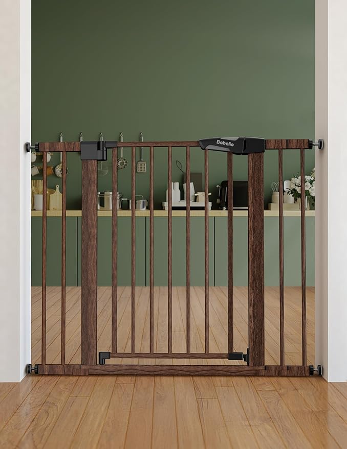 Mom's Choice Award Winner-BABELIO 26-40" Metal Baby Gate with Black Wood Pattern, PressGuard C5 Easy Install Pressure Mounted Dog Gate for Stairs and Doorways, with Wall Protectors and Extension Kits