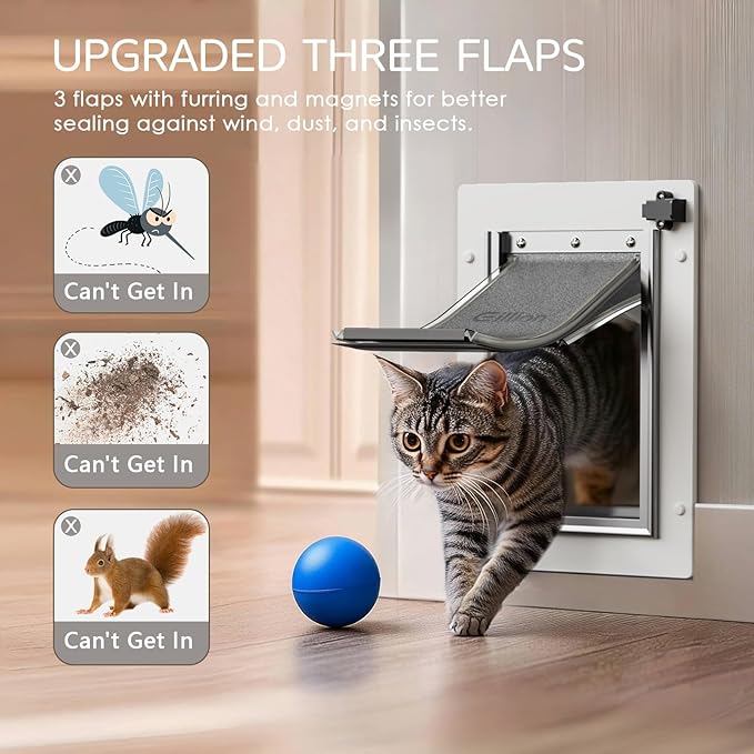 Cat Door for Wall Dog Door for Wall Exterior, 3-Flap Small Pet Door for Walls, All-Metal Frame and Telescoping Tunnel, Pets Up to 15 Lb (Small Size)