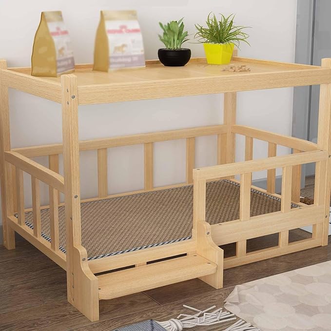 XPLKQXE Dog Bed Wood Platform, Elevated Pet Cushion Bed, Animal Couch with Mattress, Dog Beds & Furniture Rest Cot, Portable Fence Bed Pet Up to 45kg/100lbs(Color:Woody,Size:75x50x65cm)