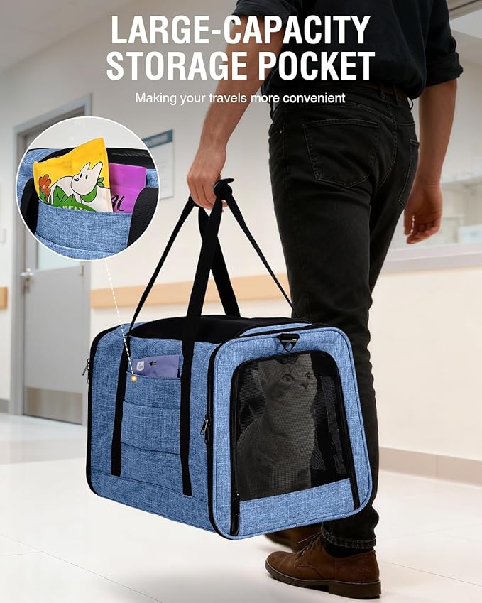 PETUX Large Pet Carrier for Large Cats ＆ Small Dogs - Up to 20Lb, Top and Side Entry, 4 Side Breathable, Foldable Soft Cat Travel Carrier with Safety Car Seat Buckle and Anti-Scratch Mesh - Blue