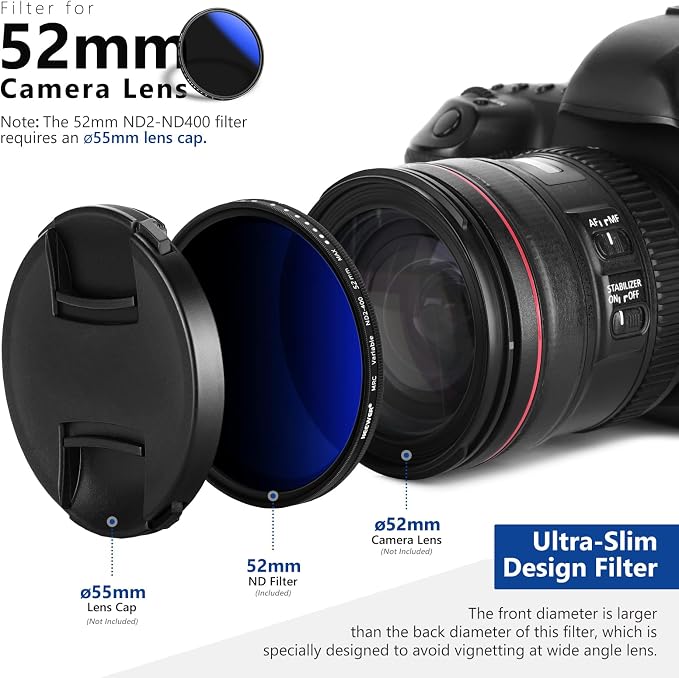 NEEWER 52mm Variable ND Filter ND2-ND400, Neutral Density Filter, Water and