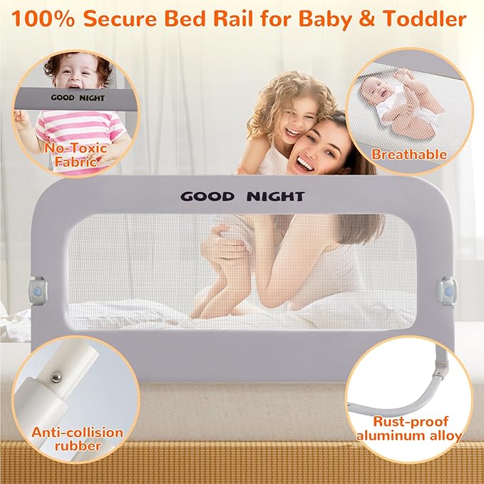 Bed Guard Rail for Toddlers - 47" Adjustable Heights & Folding up Portable Bed Railing for Baby - Toddler Bed Rails Guard for Crib, Twin, Bunk,Full Size, Queen & King Bed(Grey)