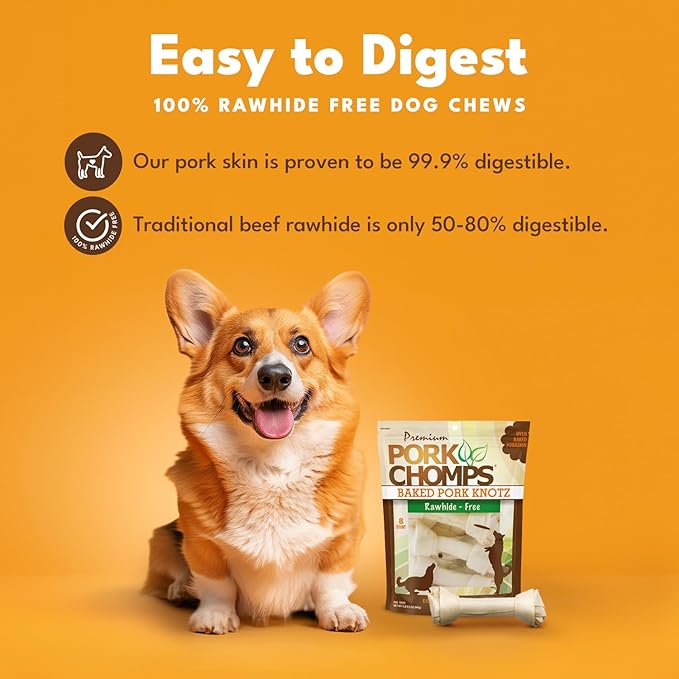 Pork Chomps Baked Pork Skin Dog Chews, 7 Inch Knots, 8 Count, 1 Pack - Long-Lasting Treats for Dogs - High Protein, Rawhide-Free, Low Fat, Healthy & Delicious Chews