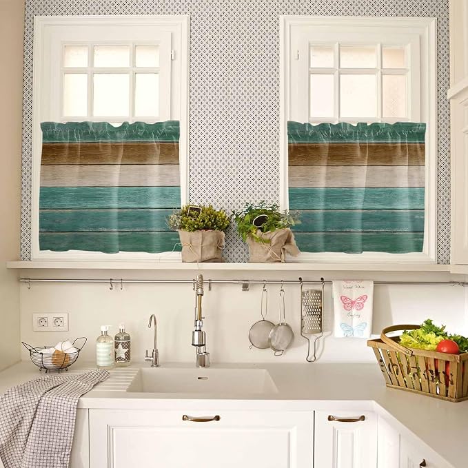 Vintage Plank Turquoise Brown Window Valance Curtains, Farmhouse Wood Grain