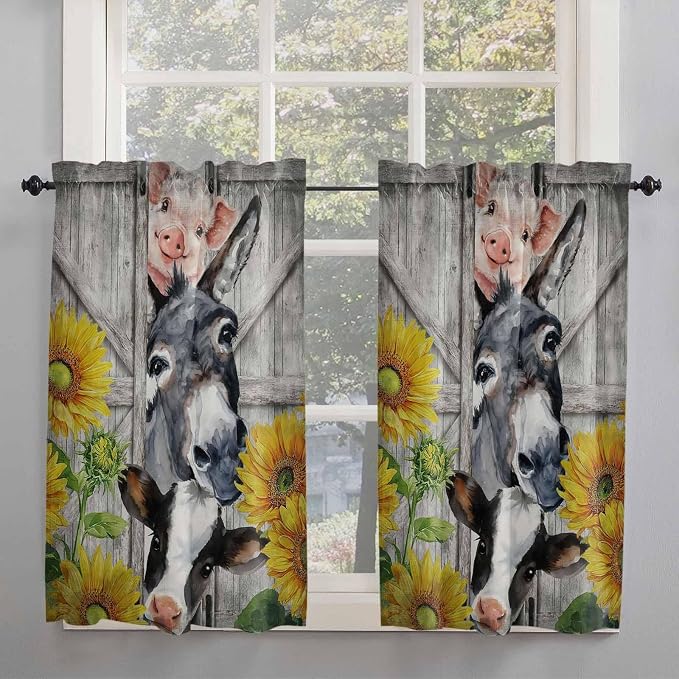 Farmhouse Kitchen Curtains 54 Inches Length, Vintage Sunflowers Animals Printed