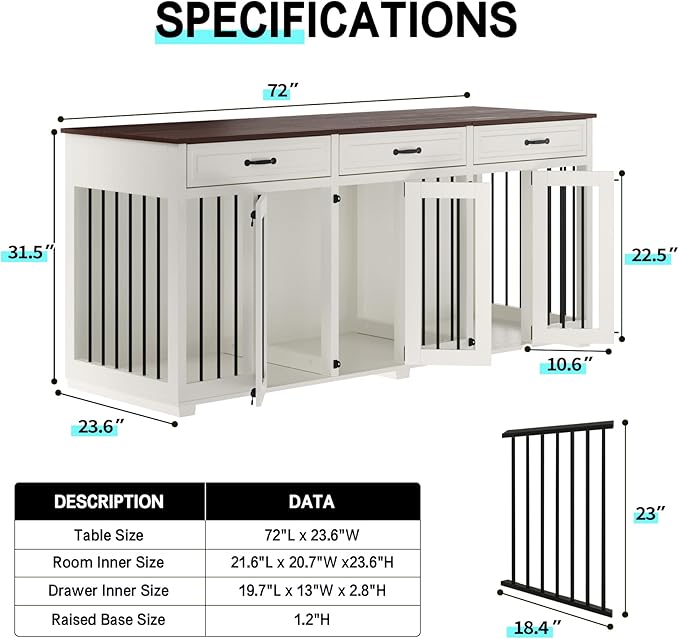Dog Crate Furniture - Indoor Wooden Dog Kennel with 2 Dividers, 3 Drawers, and 3 Lockable Doors, 72"x23.6"x31.5"H, White