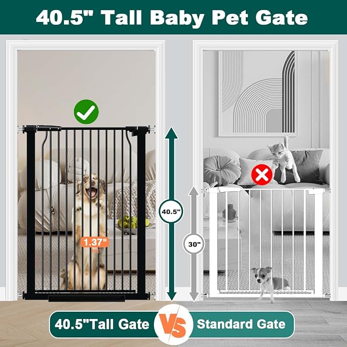 Fairy Baby 40.5" Extra Tall Baby Gate, 72.3"-76.7" Extra Wide Large Dog Pet Gate Indoor, Long Safety Child Gate for Stairs No Drill, Metal Auto Close Puppy Gate for House Doorway Walk Through, Black