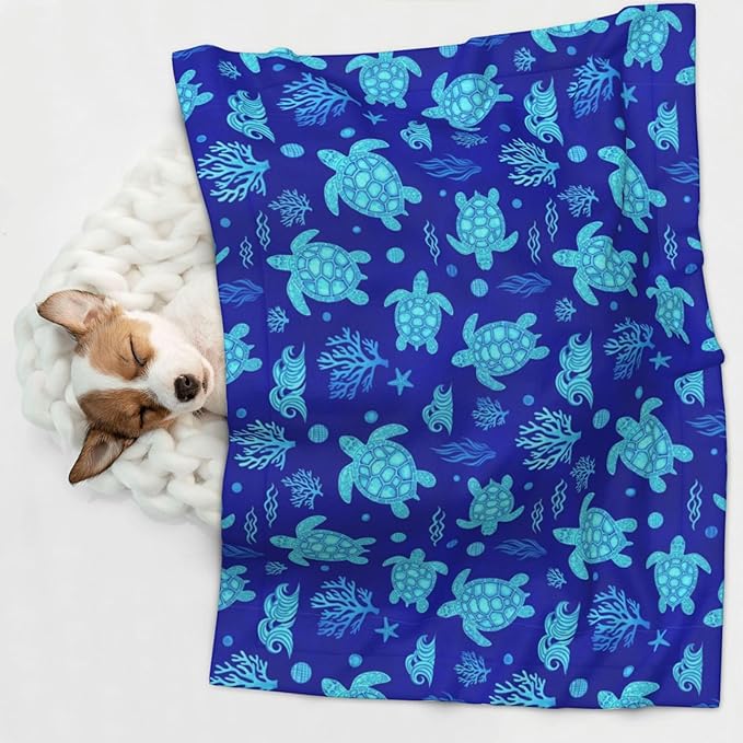 Double Sided Pet Mat for Dog Bed Topper Cat Blanket Furniture Protector, Watercolor Blue Sea Turtle, Reversible Plush with Tactile Dot Pattern for Style Change