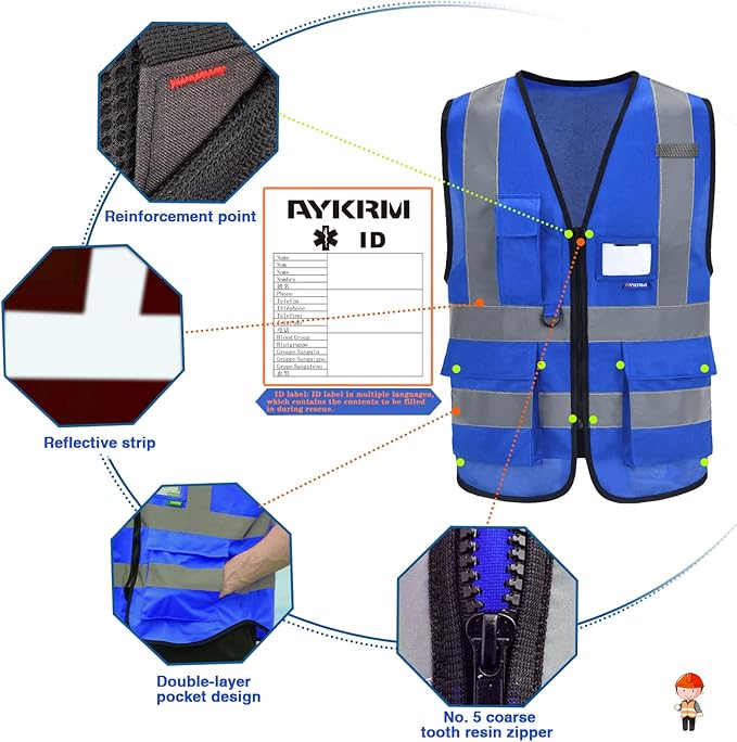 Big and Tall Blue Safety Vest 6xl 7xl 8xl Reflective Work Vest blue 7 Pockets,6XL-8XL