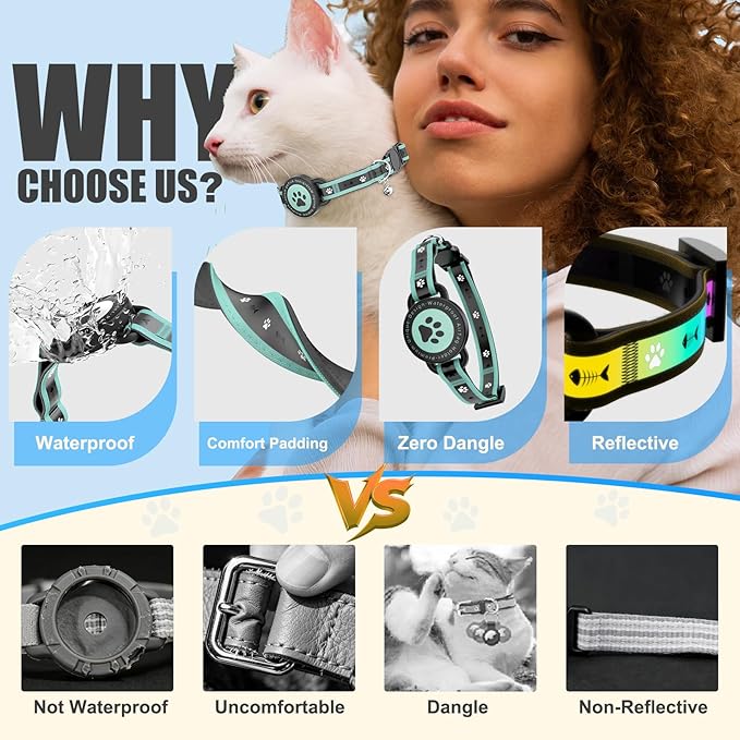 Airtag Cat Collar Breakaway, Reflective Cat Collar with AirTag Holder and Bell, Compatible with Apple Air Tag, Comfortable Padding, Adjustable, Durable (Turquoise, XS)