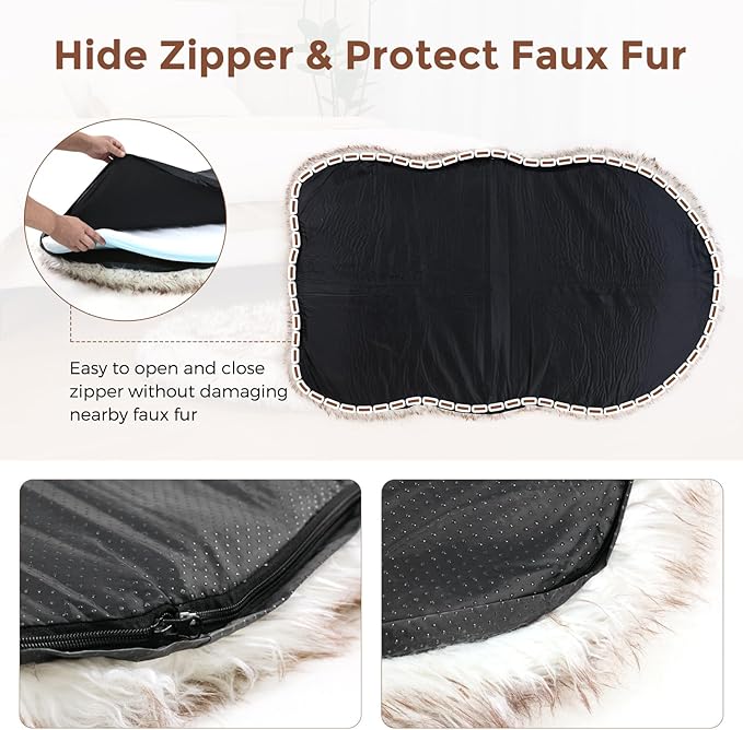 63 Inch Faux Fur Dog Bed for Large/Medium Dogs Orthopedic Beds with Fluffy Faux Fur & Soft Memory Foam for Joint Pain Relief, Machine Washable and Waterproof Dog Couch Beds White with Brown ﻿