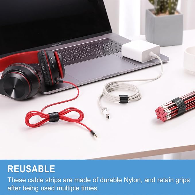 100 PCS 8 Inches Reusable Cable Ties | Adjustable Cord Wraps, Cable Straps | Hook & Loop Cord Organizer, Cable Management