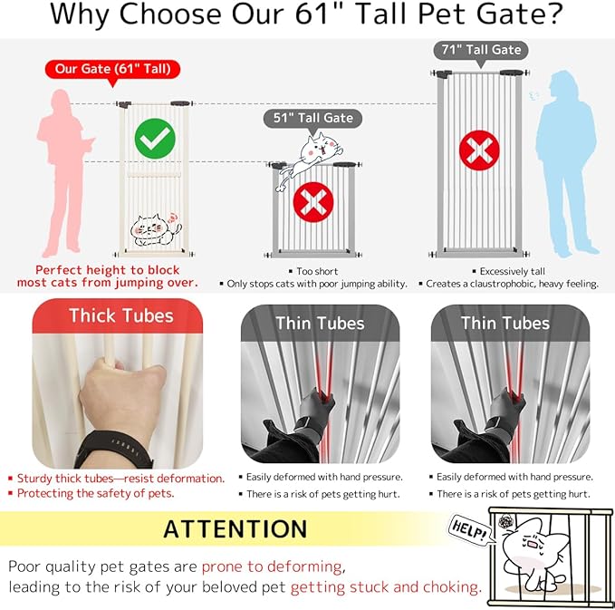 Lumizone Extra Tall Cat Gate 61.02" High Pressure Mounted Extra Wide 26.38"-30.11" (17Sizes) 1.37" Gap No Drilling Auto-Close Tall Pet Gate for Dogs (Cream, 26.38"-30.11" W)