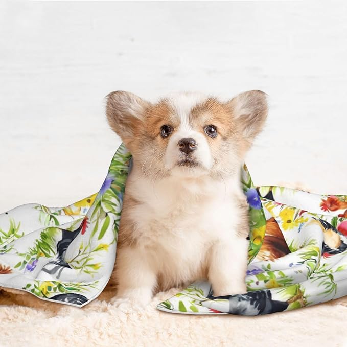 Two Sided Pet Cuddler Blanket for Anxiety Calming, Rooster Chicken Watercolor Flowers, Reversible Plush Design with Bubble Dot Pattern Provides Familiar Surface Anywhere