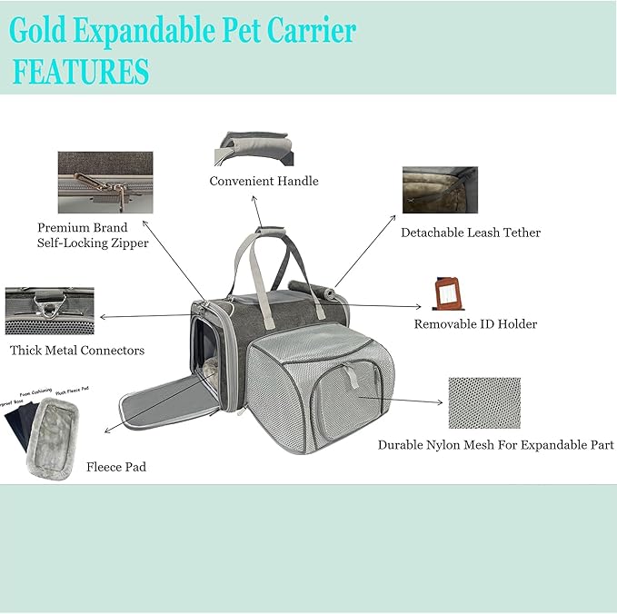 Mr. Peanut's Expandable Airline Approved Soft Sided Pet Carrier, Low Profile Gold Series Tote, Premium Brand Self Locking Zippers, Plush Faux Fleece Bedding with a Sturdy Plywood Base