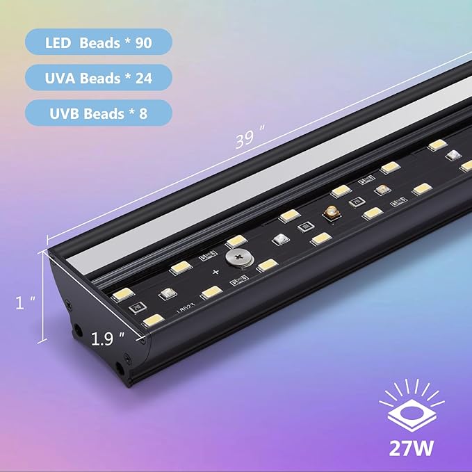 39-INCH LED UVB Light for Reptiles, LED Reptile Light Fixture Controller with Dimming and 4 UVI Modes, 27W Aluminum UVA UVB Lamp for Turtles, Snakes, and Bearded Dragons, 6500K