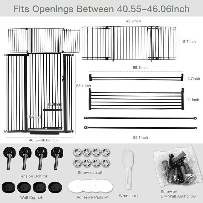 71 Inch Extra Tall Pet Gate with Small Cat Door, 29.55"-46.06" Adjustable Wide Dog Gate, Tall Cats Gates for Doorway, Stairs, House(Black)