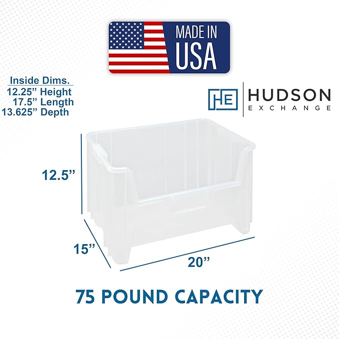 Hudson Exchange 20" x 15" x 12.5" (1 Pack) Plastic Giant Stackable Hopper Bin Container, Clear