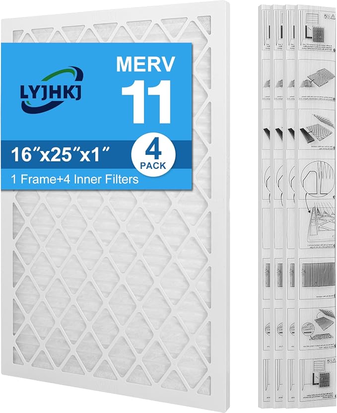 16x25x1 MERV 11 Air Filter, Quality AC/HVAC Furnace Filter，1 Reusable ABS Frame