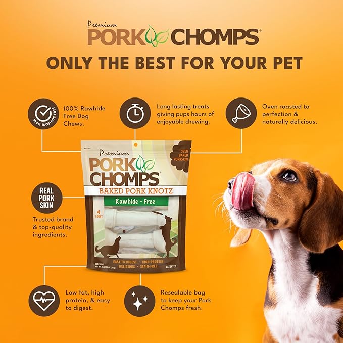 Pork Chomps Baked Pork Skin Dog Chews, 11 Inch Knots, 4 Count, 1 Pack - Long-Lasting Treats for Dogs - High Protein, Rawhide-Free, Low Fat, Healthy & Delicious Chews