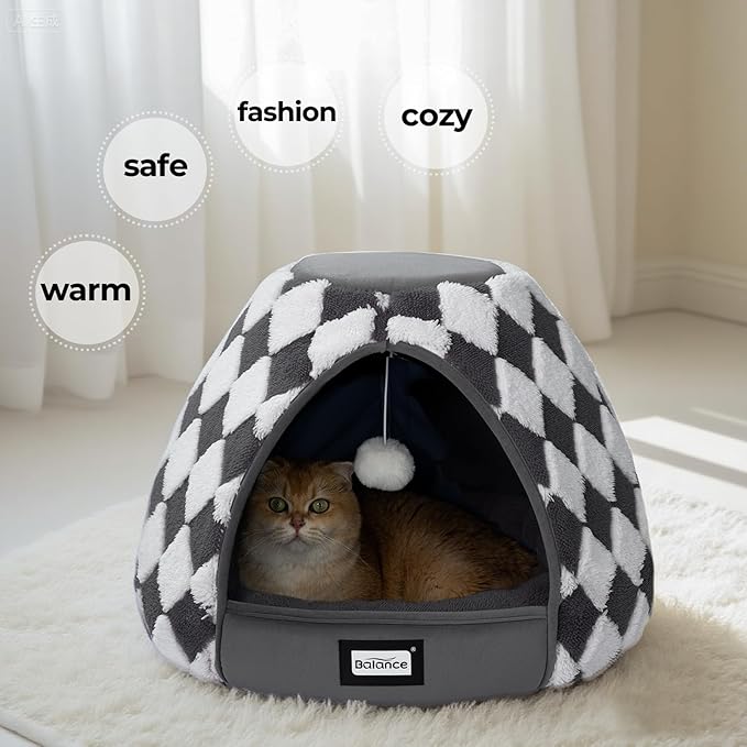 BALANCE Cat Beds for Indoor Cats, 2-in-1 Cat Bed Cave with Anti-Slip Bottom and Ultra-Soft Plush, Cozy Cats House Tent for Kittens and Small Dogs, 19 Inches, Dark Grey