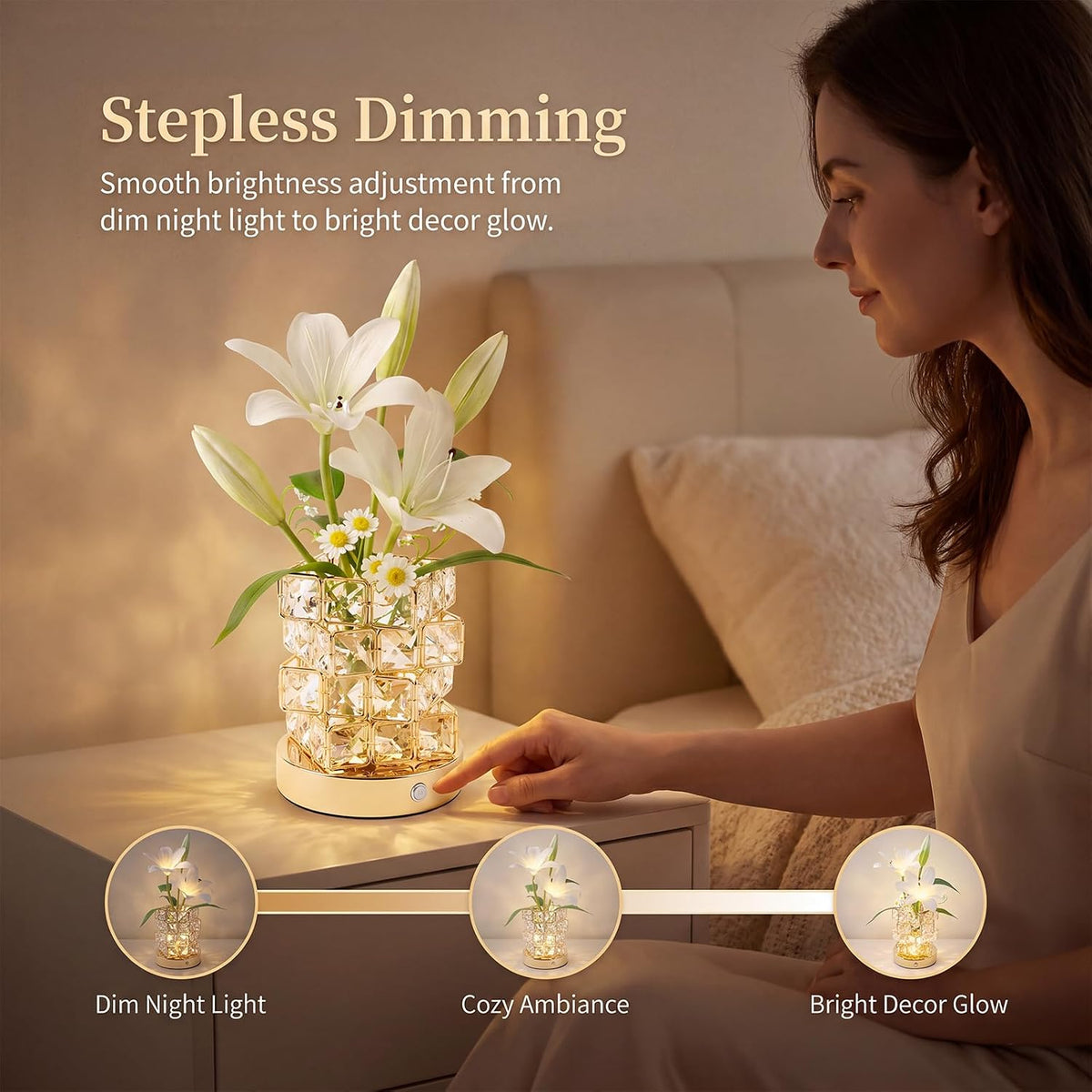 Lily Flower Touch Crystal Table Lamp Rechargeable Gifts for Women