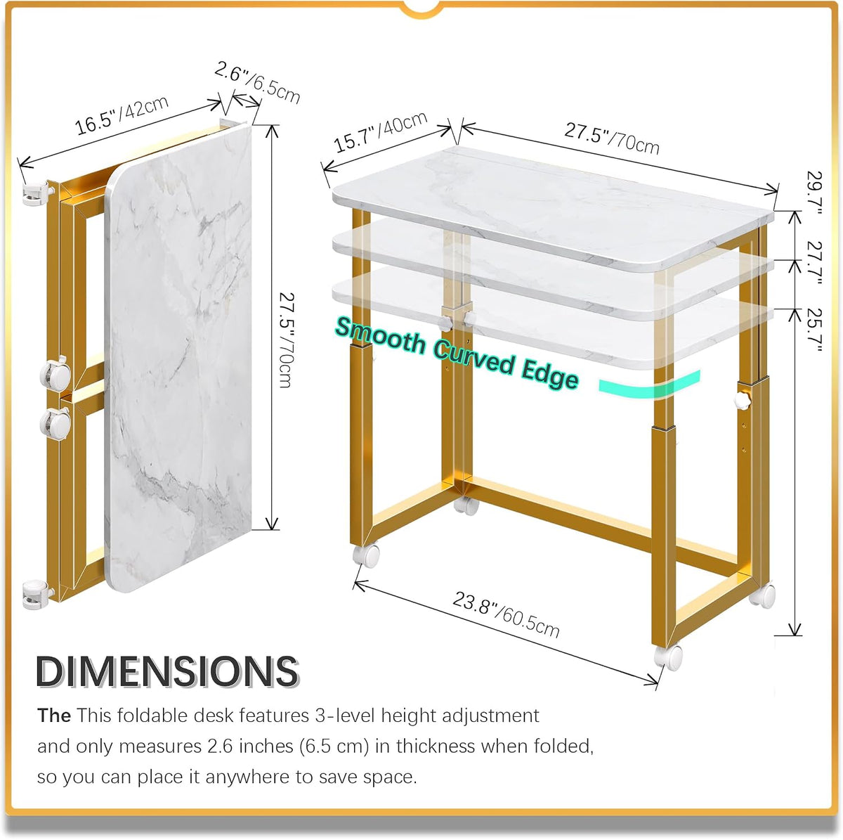 4NM No Tool Assembly 27.5" Small Desk, Folding Portable Desk with Wheels, Foldable Computer Home Office Desks, Collapsible Study Writing Table for Space Saving Bedroom - White Gold