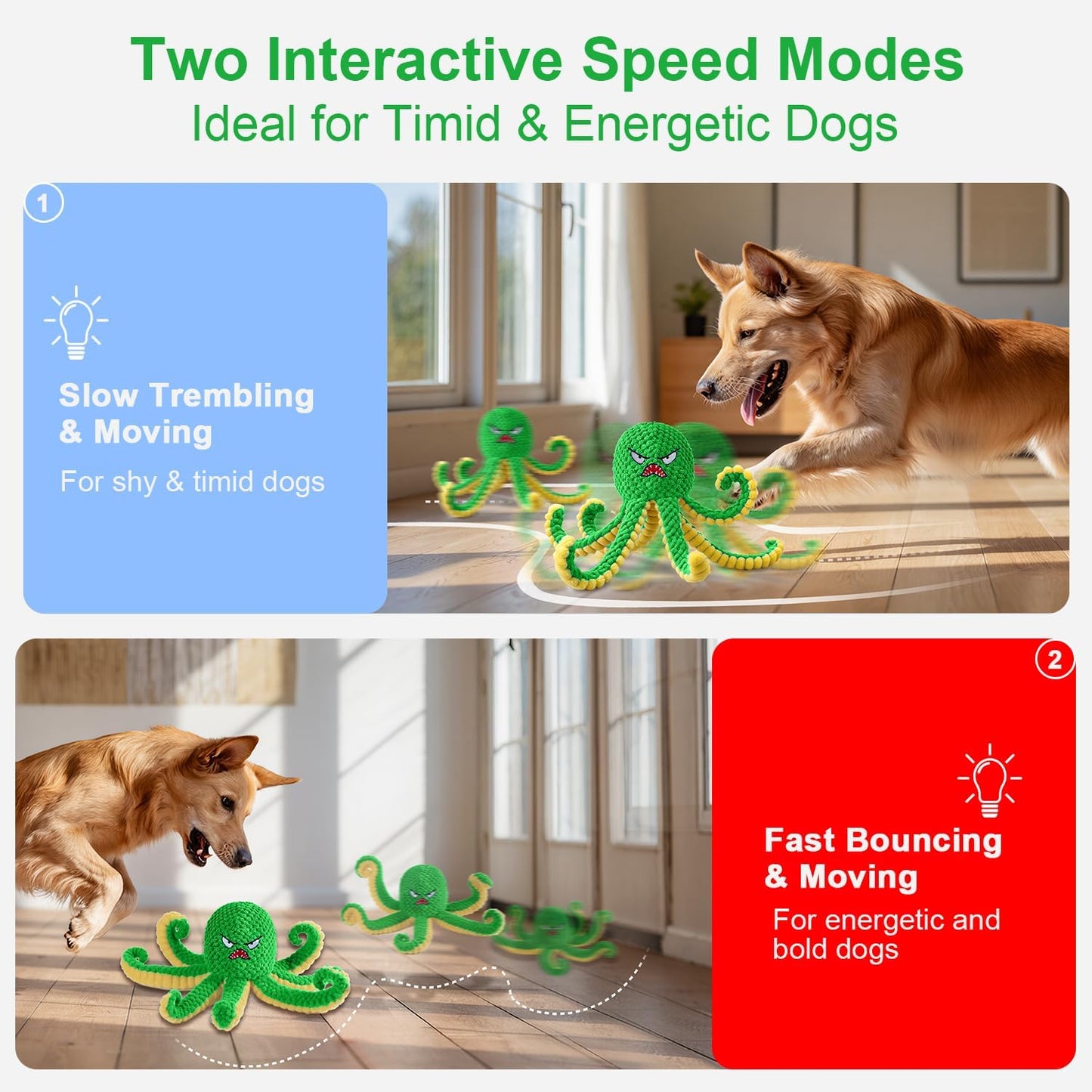 Interactive Dog Toys Octopus,Durable Automatic Jumping Dog Toy to Keep Them Busy,Squeaky Moving Tug of War Doggie Toy,USB Rechargeable Puppy Toys (Green)