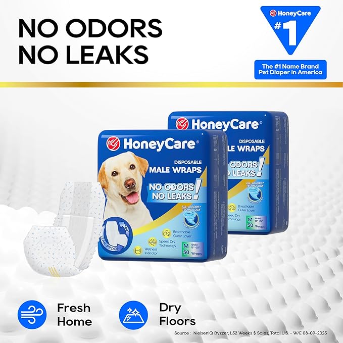 HONEY CARE All-Absorb A25 Male Dog Wrap, 50 Count, Medium, White