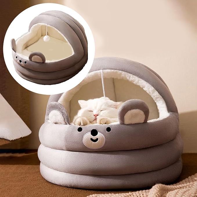 Cat Bed for Indoor Cats, Dog Bed with Anti-Slip Bottom, Rabbit-Shaped Cat/Small Dog Cave with Hanging Toy, Puppy Beds with Removable Cotton Pad, Super Soft Calming Pet Sofa Bed (Gray, Medium)