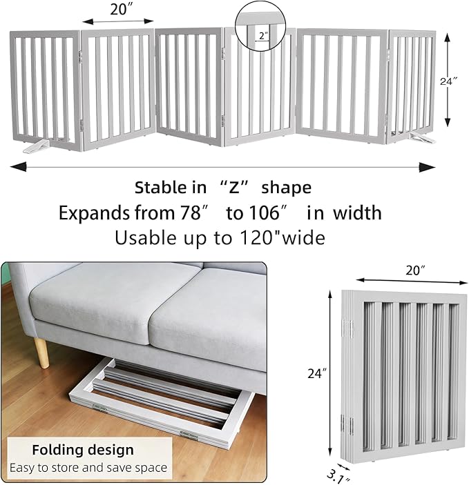 ZJSF Freestanding Indoor Dog Gate for House Foldable Wood Puppy Gate for Doorways Pet Gate for Stairs Extra Wide Pet Fence, Grey, 24" Height 6 Panels