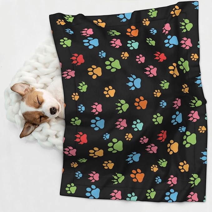 Two Sided Plush Pet Blanket for Crates Carriers Home Use, Pink Red Blue Green Dog Pug Paws, Reversible Throw with Cozy Dot Fabric and Silky Reverse for Small Large Pets