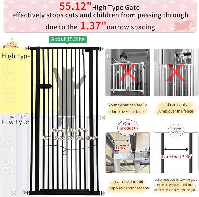 Lumizone Extra Tall Cat Gate 55.12" High Pressure Mounted Extra Wide 2025 New (17 Sizes) 1.37" Gap No Drilling Auto-Close One-Handed Operation Tall Pet Gate for Dogs(Black, 55.12" H x 29.92"-59.44" W)