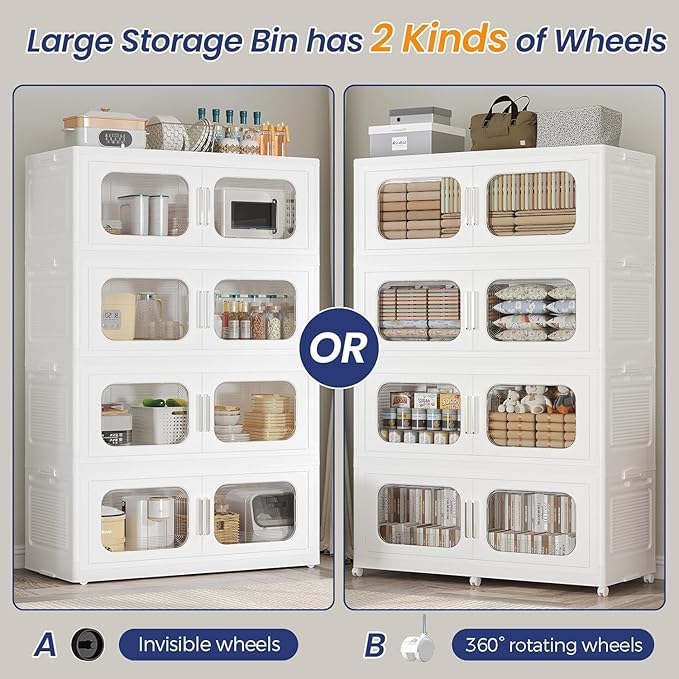 600QT Large Stackable Storage Bins with Lid, 150Gal Plastic Collapsible Closet Organizers Drawers Box with Wheels, Folding Cabinet Containers with Doors for Home Kitchen Office, 3Pack White